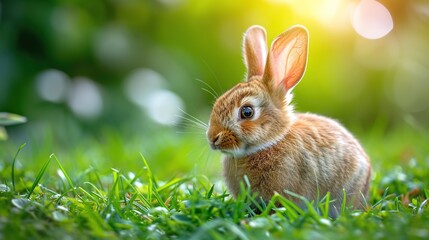 Naklejka na ściany i meble Rabbits grazing in green grass with soft sunlight.