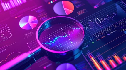 Data analysis search engine optimization with magnifying glass. 3d rendering. Business analytics and statistics concept.