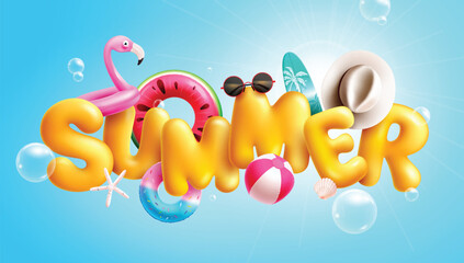 Summer 3d text vector design. Summer yellow title font with flamingo floaters, beach ball, surf board, sunglasses and hat beach elements decoration in blue background. Vector illustration summer 3d 