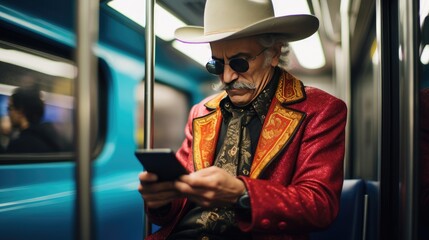  Senior man is using a smartphone in public transportation