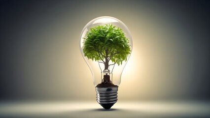 Light bulb with a tree sprout inside it on a plain background with copy space. Ecological concept of saving energy and wisely using the planet's resources.