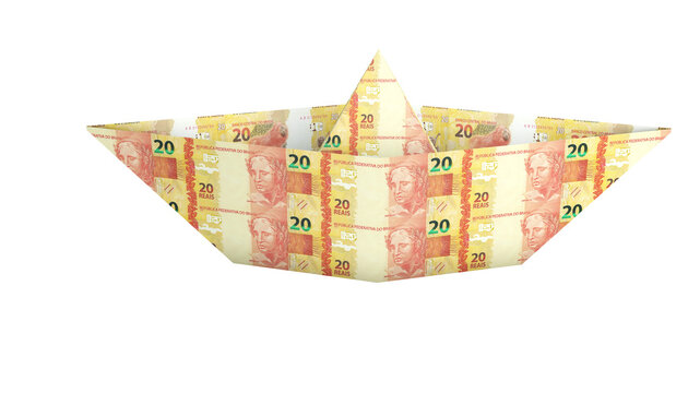 Paper boat made with 20 reais cedula. Money from Brazil. Conceptual idea about finance. 3D render.