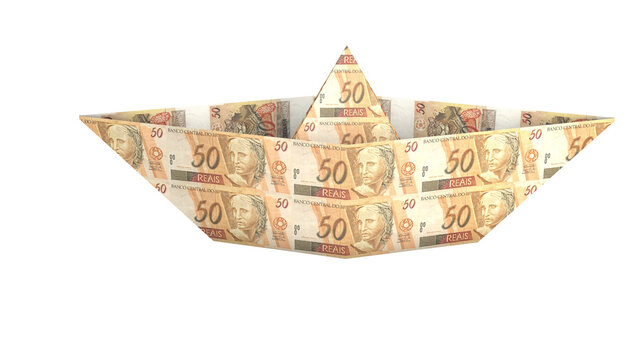 Paper boat made with 50 reais cedula. Money from Brazil. Conceptual idea about finance. 3D render.