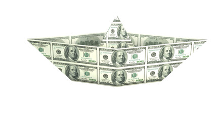 Paper boat made with Dollar. Money USA. Conceptual idea about finance. 3D render