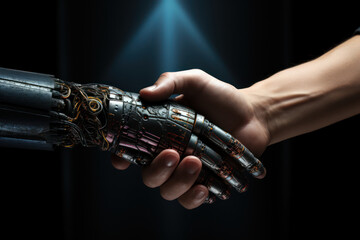 A digital artwork of a handshake between a human hand and a robot hand, symbolizing the synergy between traditional banking and technological advancements. Generative Ai.