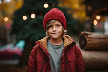 Outdoor portrait of cute little boy in red winter jacket and hat
