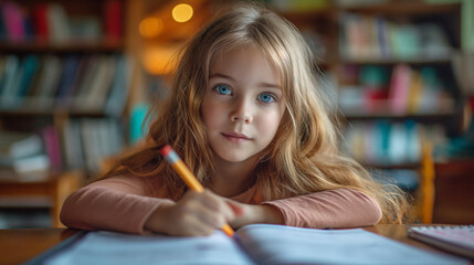 Little Girl Sitting at Table With Book and Pencil, Engaged in Learning