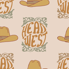 Head west travel emblem seamless pattern. Groovy western background. Cowboy texture.
