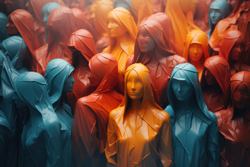 Abstract shapes and textures meld into the form of a faceless crowd, showcasing the diversity and...
