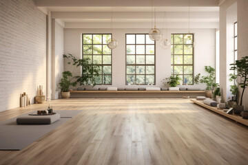 A serene yoga studio with unmarked, polished floors, inviting practitioners into a space of purity and mindfulness. Generative Ai.