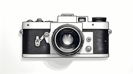 Minimalist black and white line drawing of a classic camera, capturing the essence of photography with clean and precise lines