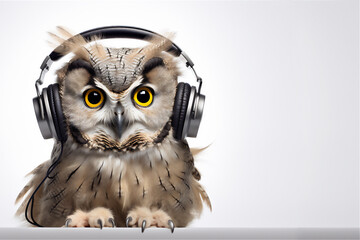 owl listen to the music with headphone