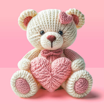 Knitted teddy bear with a heart made of wool against a pink background