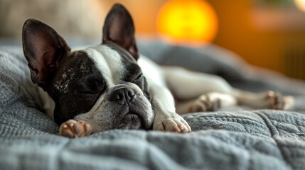 An adorable Boston Terrier dog sleeping on a bed in the sun. 