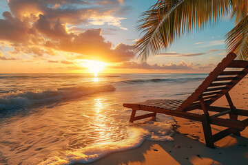 Sunset Empty Beach Lounger Overlooking the Turquoise Sea
