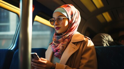 Young woman is using a smartphone in public transportation