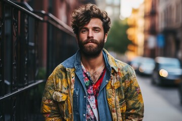 Fototapeta premium Portrait of a handsome young man with trendy hairstyle and beard in the city.