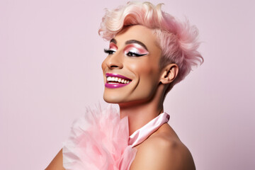 Stylish portrait of cheerful person with glamorous makeup, pink hair, and feathery accessory on a soft background. - obrazy, fototapety, plakaty