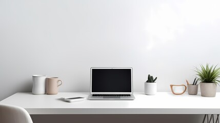 Minimalistic office desk with a modern laptop, coffee mug, and a chic desk organizer
