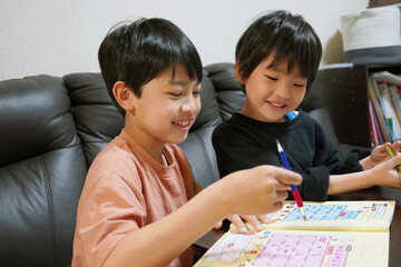 Two brothers happily studying together