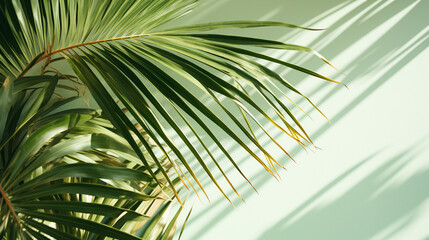 palm leaves with shadow on green background with copy space for design element