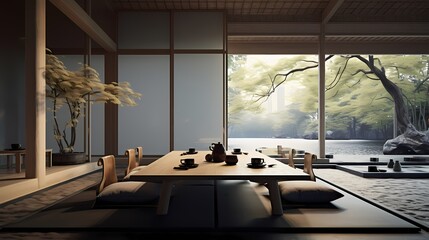 Modern teahouse with minimalist Japanese decor, tatami mat seating, and a serene atmosphere - obrazy, fototapety, plakaty