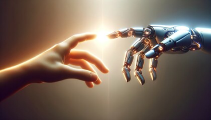 AI, at the nexus of technology, extends a smart robot hand to human, exemplifying Artificial Intelligence's role in human-AI connectivity and the genius of AI.