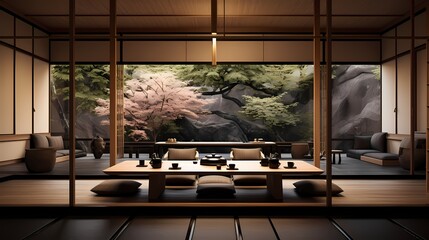 Modern teahouse with minimalist Japanese decor, tatami mat seating, and a serene atmosphere