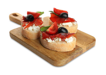 Delicious sandwiches with bresaola, cream cheese, olives and tomato isolated on white