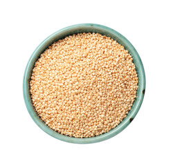 Raw quinoa in bowl isolated on white, top view