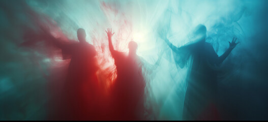 Abstract human figures immersed in ethereal smoke, suitable for contemporary dance event promotions and creative project visuals - obrazy, fototapety, plakaty
