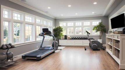 Neutral-toned home gym with carefully chosen paint colors that contribute to a motivating and energizing workout space - obrazy, fototapety, plakaty