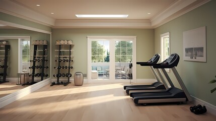 Neutral-toned home gym with carefully chosen paint colors that contribute to a motivating and energizing workout space - obrazy, fototapety, plakaty