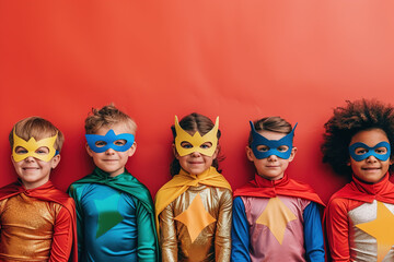 Children preschool costume party superhero - obrazy, fototapety, plakaty