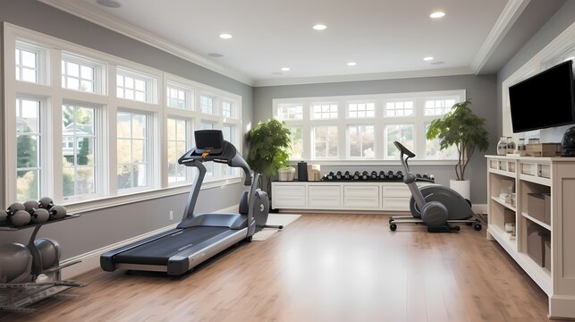 Neutral-toned home gym with carefully chosen paint colors that contribute to a motivating and energizing workout space