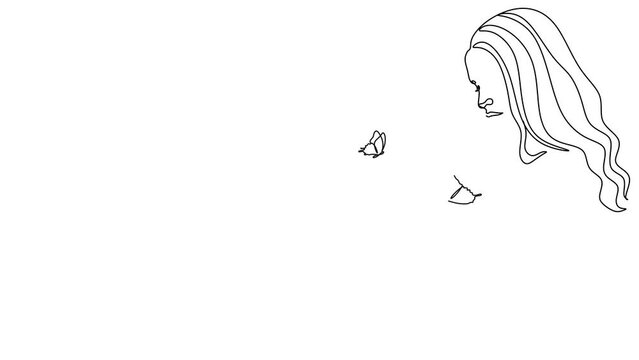 Animation of one line drawing woman with butterfly line art. Female abstract face butterfly botany portrait minimalistic concept. Drawing video. 4k