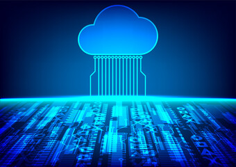 Cloud computing technology data transfer concept. A large cloud icon is in the center. abstract code Interconnected polygons on a dark blue background.