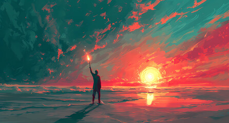 a person holding up a torch while standing under the sun - Powered by Adobe