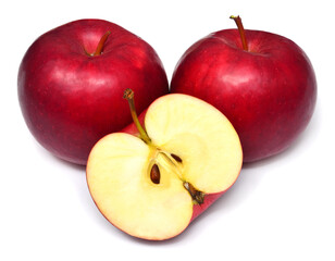 Red apples group and slice macro fruit isolated on white background