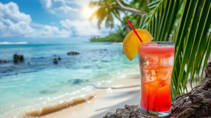 Tropical tequila sunrise cocktail on beach with blurred background and text space