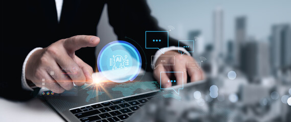 Artificial Intelligence (AI) driven conversation concept, businessman using laptop connecting with chatbot, digital connection in business communication, more efficient, IoT, innovation and future.