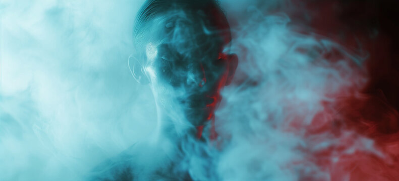 Mystical human silhouette engulfed in a fog of blue and red, ideal for abstract concepts in design and art pieces
