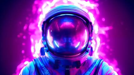 Futuristic astronaut in spacesuit. Portrait of cosmonaut with pink neon glow. Astronaut goes on galactic mission