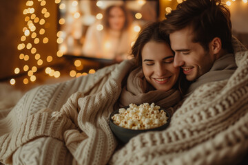 Obraz na płótnie Canvas A smiling couple wrapped in a knitted blanket, enjoying a movie night with popcorn and warm ambient lighting. 