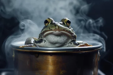 Türaufkleber Frog in a pot of water that starts to boil, without realizing the danger of the situation, he doesn't worry © Thumbs