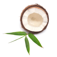 Coconuts half with leaf isolated on white background. Tropical fruit
