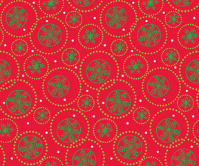 Seamless Christmas Pattern With Snowflakes And Dotted Circles On Red Background