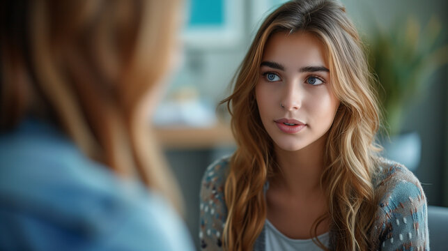 Woman Sitting In Front Of Mirror Talking To Another Woman About Mental Health