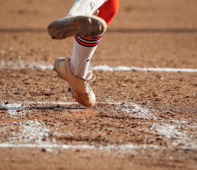 A softball pitcher drags her feet across the mound while delivering a pitch to a batter. 