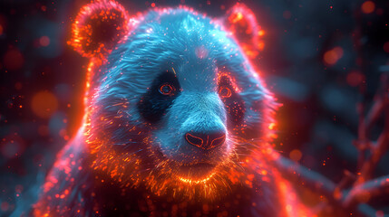 A neon illustration of a white black panda. Created with generative AI.